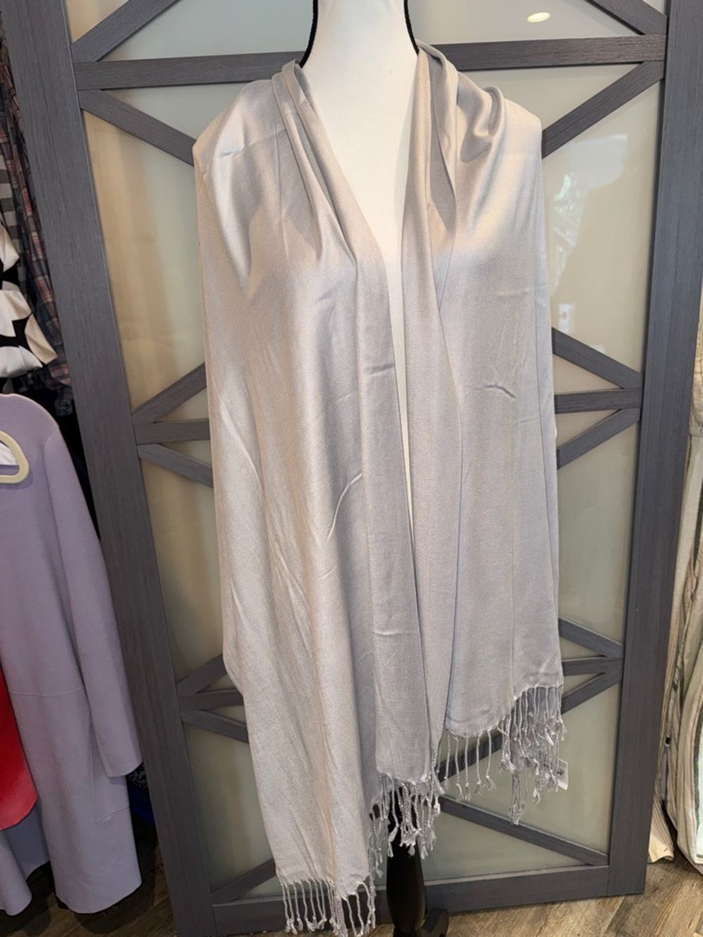 Liz Claiborne Silver Gray Satin Fringe Wrap Scarf